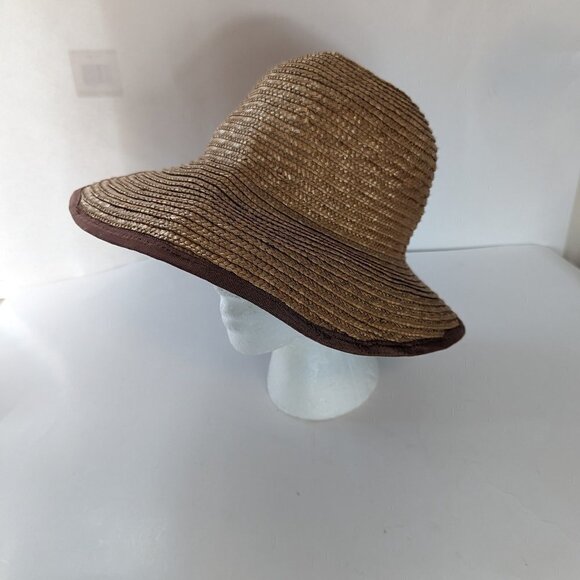 Vintage Liz Claiborne Straw Hat, High Low Brown Fabric Trim Sun Beach - Picture 2 of 9